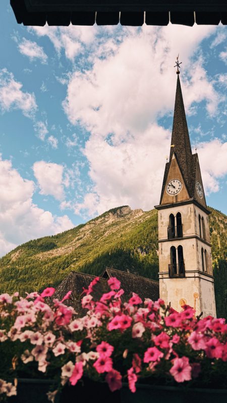 The Alleghe church tower with pink geraniums and a green mountain behind