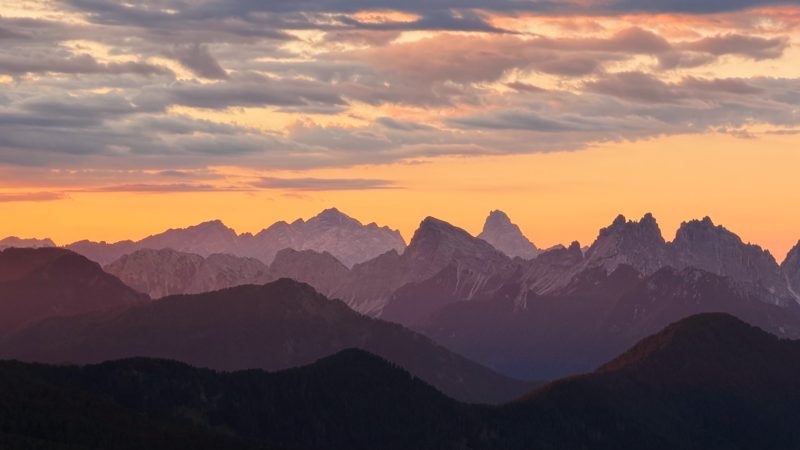 Sunrise over layered ridges, seen from Rifugio Coldai