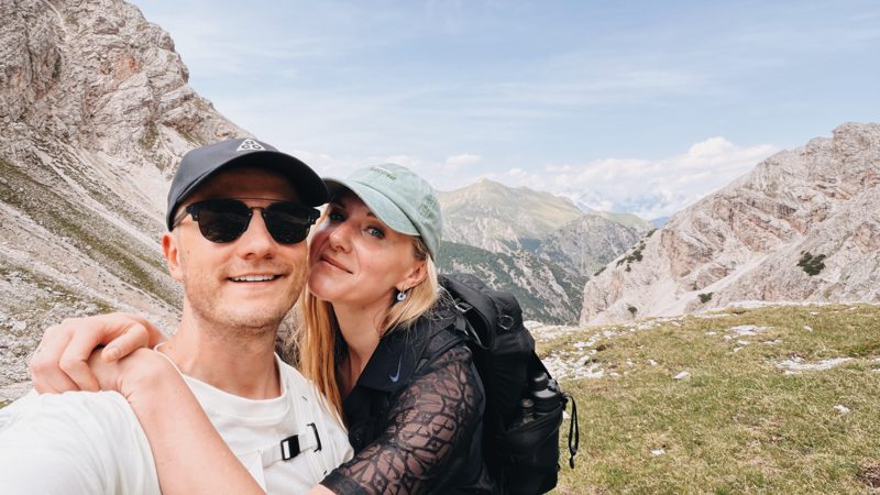 Ēriks and Aleksandra on the Sennes plateau, the sun finally out after the hail